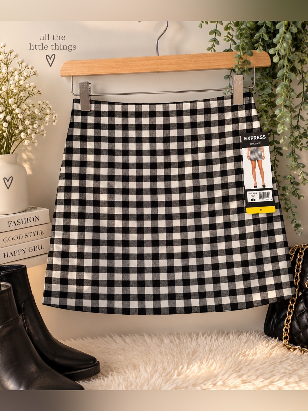 Express Black and White Gingham A-Line Mini Skirt